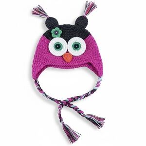Hand Crocheted Owl Toddler Hat Earflap Braided Ties Handmade